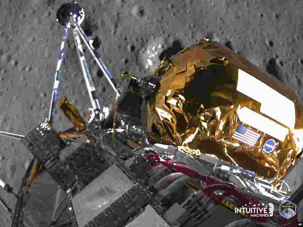 This image provided by Intuitive Machines shows its Odysseus lunar lander over the south pole region of the Moon. The toppled lunar lander is still beaming back pictures of the moon, as its nears the final hours of its life.