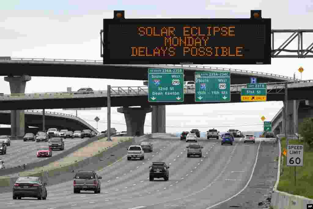 Motorists traveling toward Austin, Texas, are reminded of Monday's eclipse and the possibility of traffic delays, April 6, 2024, in Austin.