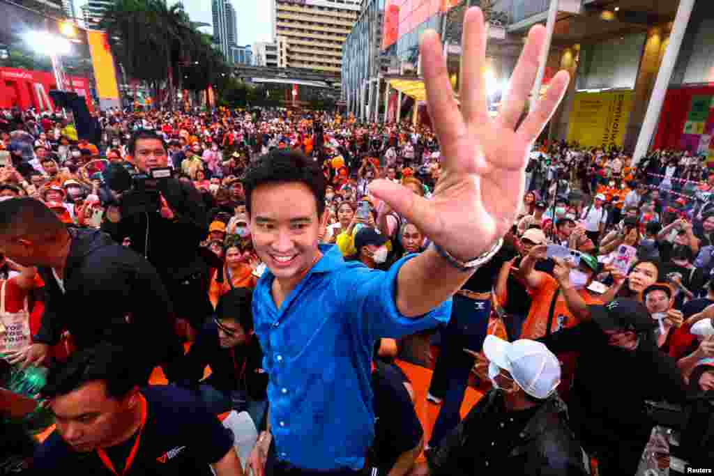 Move Forward Party leader Pita Limjaroenrat greets supporters during a rally to thank voters ahead of the vote for a new prime minister on July 13, in Bangkok, Thailand.