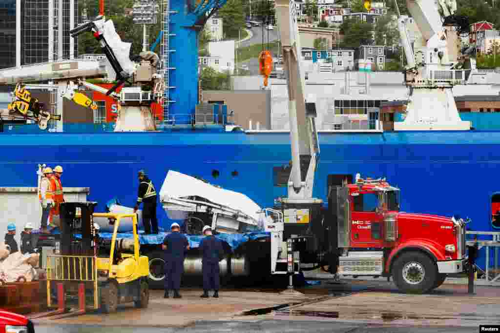 A view of the Horizon Arctic ship, as salvaged pieces of the Titan submersible from OceanGate Expeditions are returned, in St. John's harbour, Newfoundland, Canada.