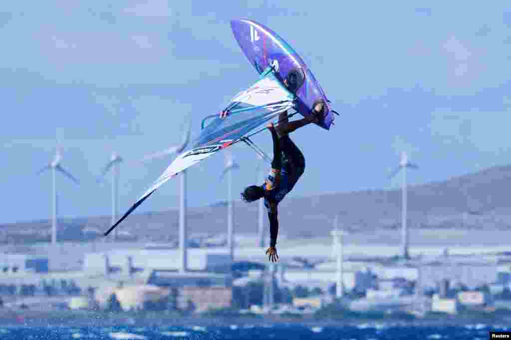 Spain's Marc Pare performs a maneuver during the men's final of the PWA Gran Canaria World Windsurfing Championship at Pozo Izquierdo beach, Spain, July 9, 2023.