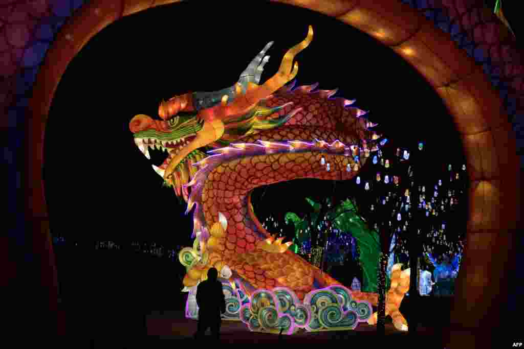 A man walks past a dragon figure at a lunar new year's fair in Beijing, China.