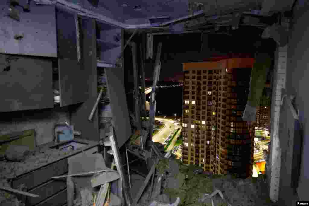 An interior view shows an apartment inside a residential building damaged during a Russian drone strike, in Kyiv, Ukraine.