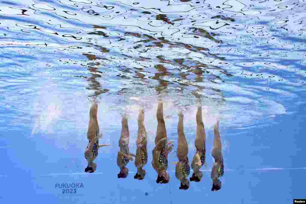 Greece team competes in the final of the women's team technical artistic swimming event during the World Aquatics Championships in Fukuoka, Japan.