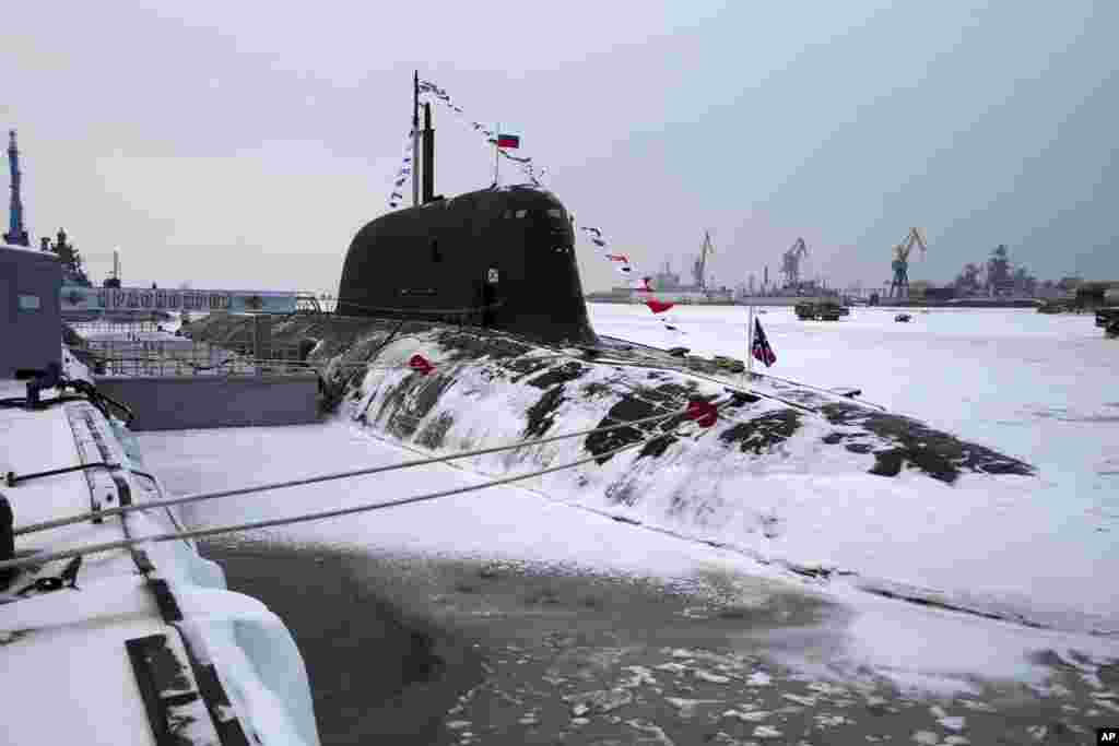The newly-built nuclear submarine The Krasnoyarsk is seen after a flag-raising ceremony at the Sevmash shipyard in Severodvinsk in Russia's Archangelsk region.