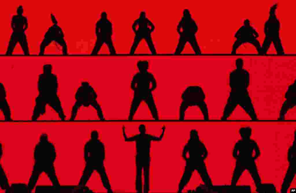 South Korean singer PSY, bottom center, performs during his concert "Summer Swag 2023" at Jamsil Olympic Stadium in Seoul, South Korea.