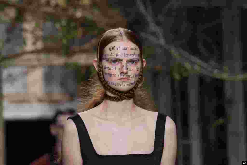 A model wears a creation as part of the Antonio Marras women's Fall-Winter 2024-25 collection presented in Milan, northern Italy.