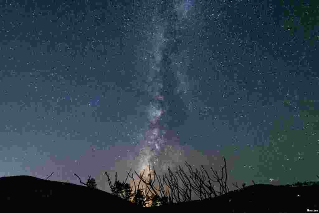 The Milky Way is seen in the night sky behind charred trees near the village of Asklipieio, on the island of Rhodes, Greece.