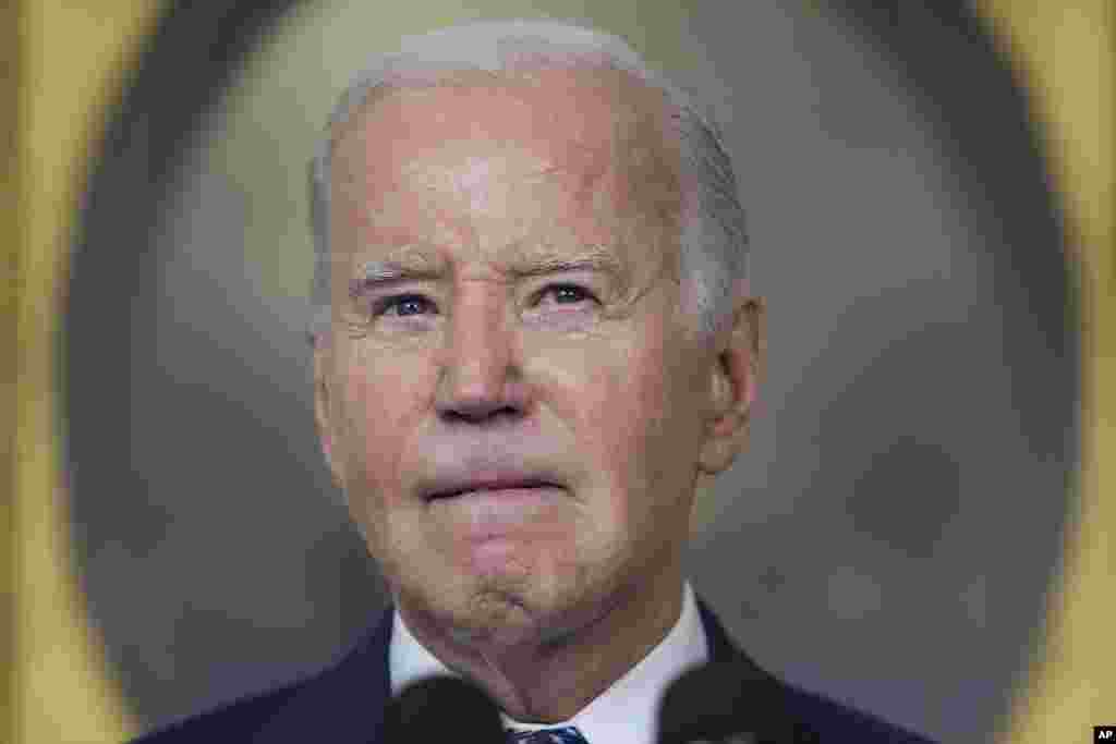 President Joe Biden speaks in the Diplomatic Reception Room of the White House, Feb. 8, 2024.