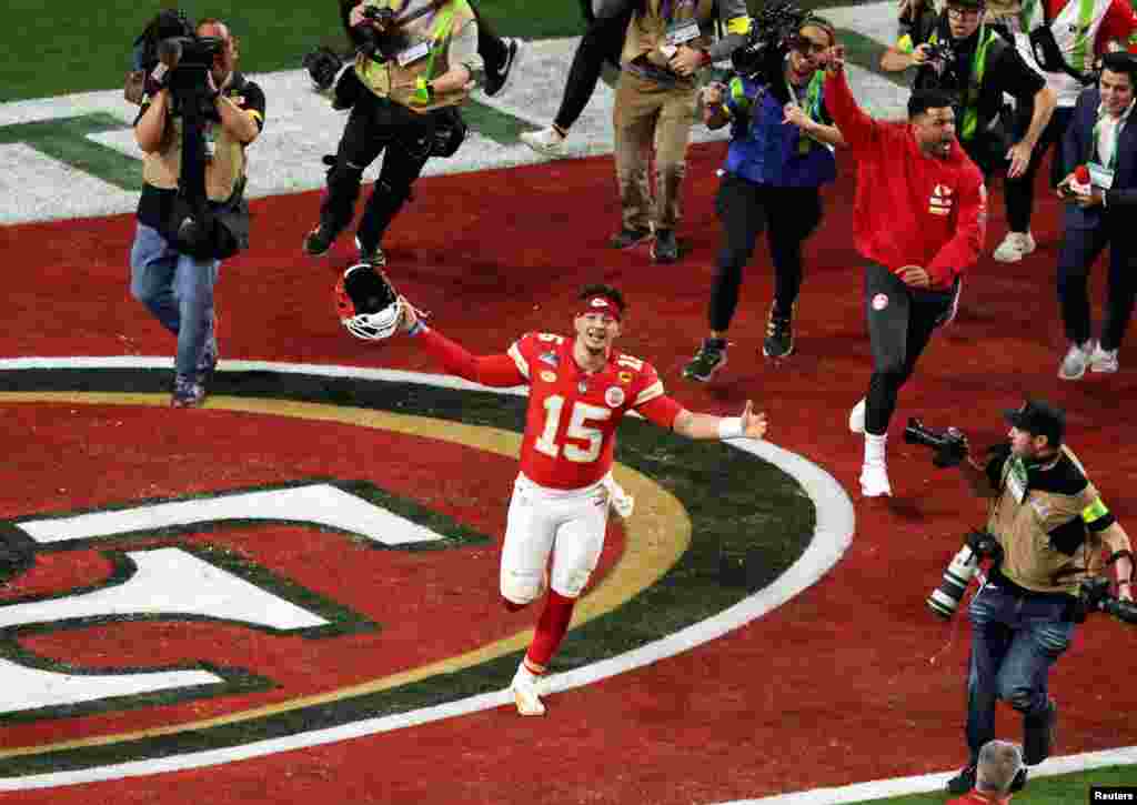 Kansas City Chiefs' Patrick Mahomes celebrates after winning the NFL Super Bowl 58 football game against the San Francisco 49ers, Feb. 11, 2024, in Las Vegas, Nevada. The Chiefs won 25-22 in overtime.