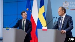 Премьер-министр Польши Дональд Туск проводит совместную пресс-конференцию с главой шведского кабинета Ульфом Кристерссоном. Варшава, 19 февраля 2024 г.