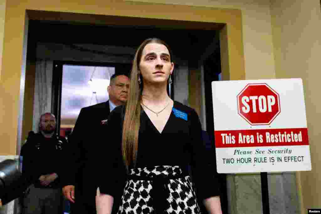Montana State Representative Zooey Zephyr leaves the House chamber after a motion to bar her passed, at the Montana State Capitol in Helena, Montana, April 26, 2023. Rep. Zephyr will still be able to vote on bills remotely.