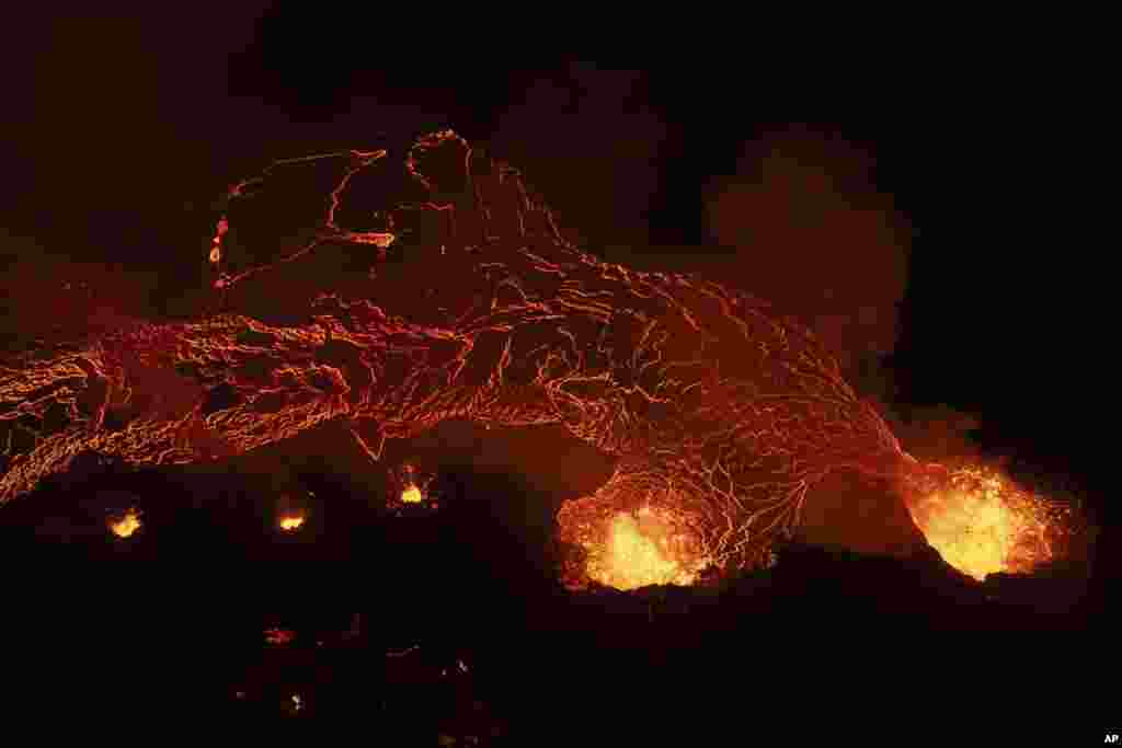 Lava flows from the volcano near the town of Grindavik, Iceland.