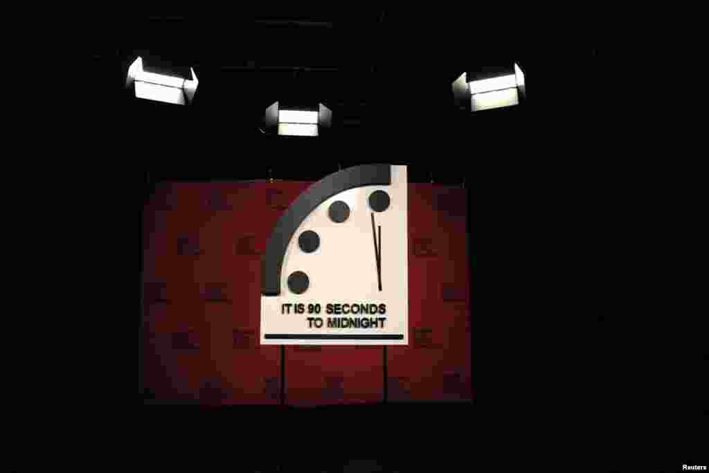 The clock with the Bulletin of the Atomic Scientists is placed ahead of the announcement of the location of the minute hand on its Doomsday Clock, indicating what world developments mean for the perceived likelihood of nuclear catastrophe, at the National Press Club in Washington.