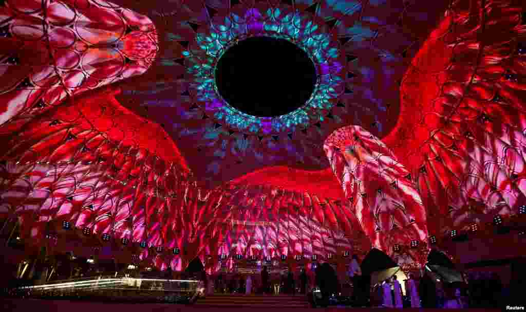 Visual projections of eagles are displayed at the Al Wasl dome at the Dubai's Expo City during the United Nations Climate Change Conference (COP28) in Dubai, United Arab Emirates.