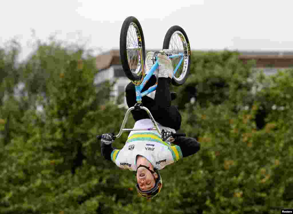 Australia's Logan Martin competes in the BMX men's elite final during the UCI World Championships in Glasgow, Scotland, Britain.