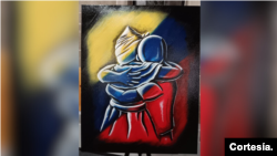 Uno de los cuadros del venezolano refleja la despedida entre una madre y su hijo.