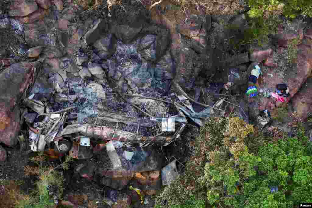 A view of the burnt remains of the bus that was taking Easter pilgrims from Botswana to Moria, following its crash near Mamatlakala in the northern province of Limpopo, South Africa.