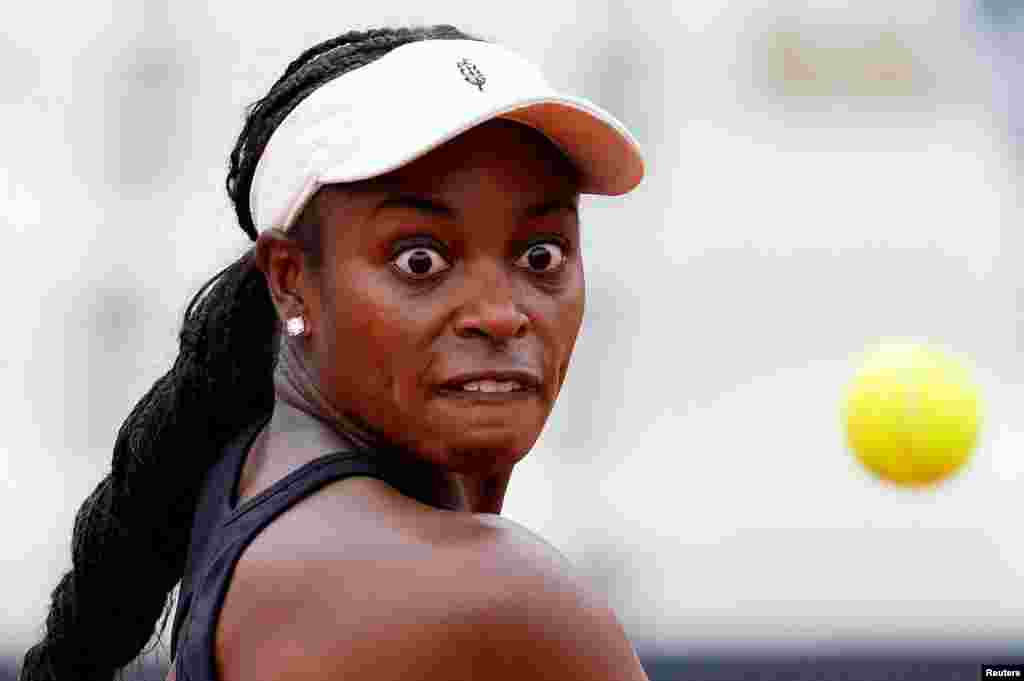 Sloane Stephens of the U.S. serves the ball to Argentina's Nadia Podoroska during the Italian Open tennis tournament in Rome.