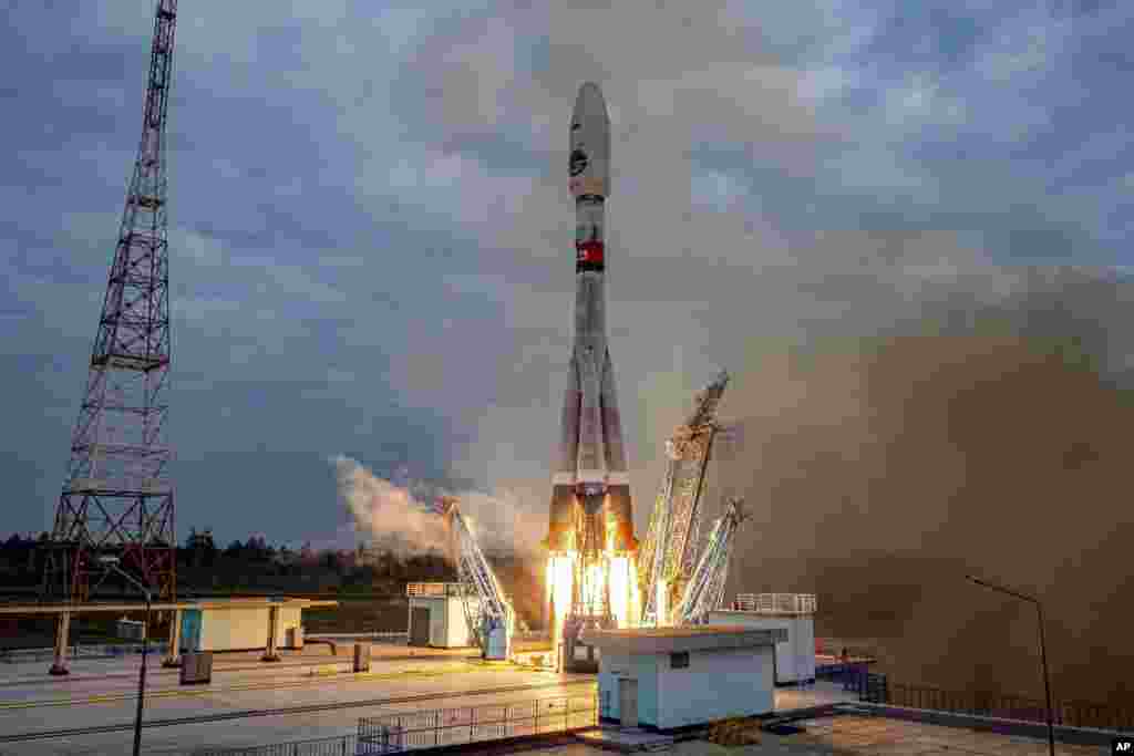 In this image made from video released by Roscosmos State Space Corporation, the Soyuz-2.1b rocket with the moon lander Luna-25 automatic station takes off from a launch pad at the Vostochny Cosmodrome in the Russian Far East.