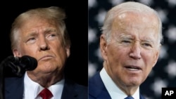 Esta composición fotográfica muestra al expresidente Donald Trump, a la izquierda, en un evento en Minden, Nevada, el 8 de octubre de 2022, y al presidente Joe Biden, a la derecha, en un evento en Hagerstown, Maryland, el 7 de octubre de 2022.