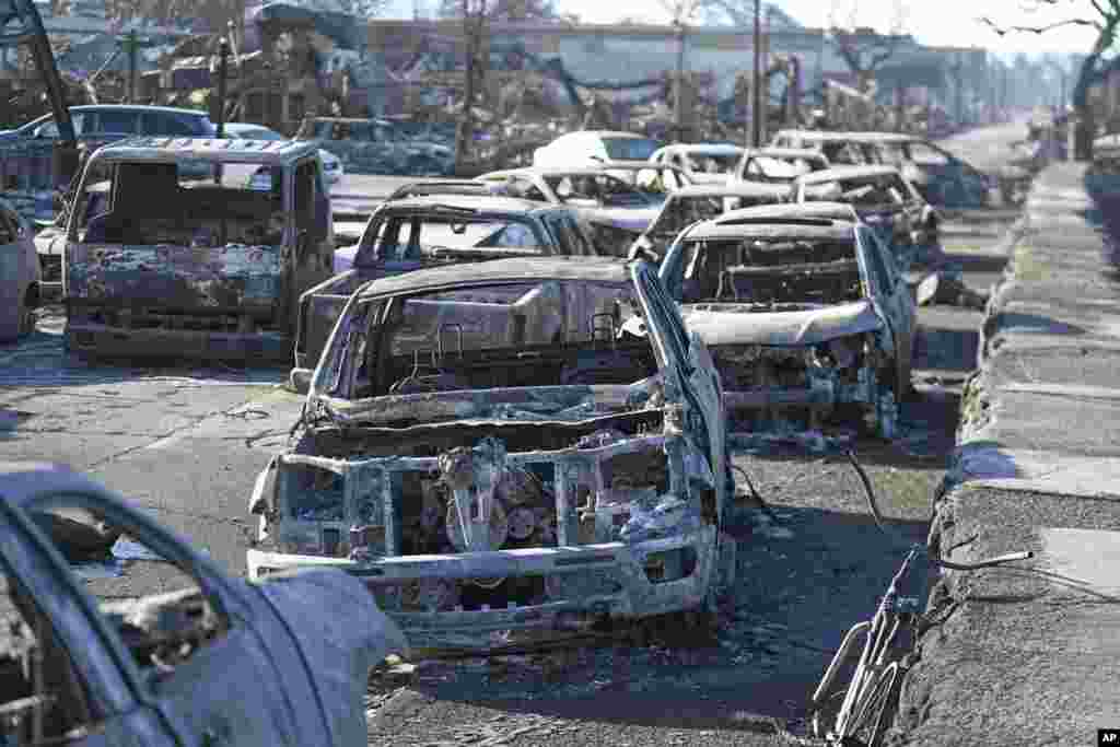 Burned-out cars line the sea walk after the wildfire in Lahaina, Hawaii.
