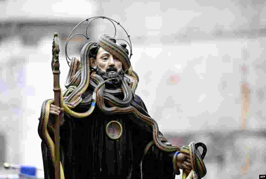 Live snakes cover the statue of St. Dominic during the procession in the village of Cocullo, central Italy as part of the traditional festival of the 'Serpari' (snake catchers).