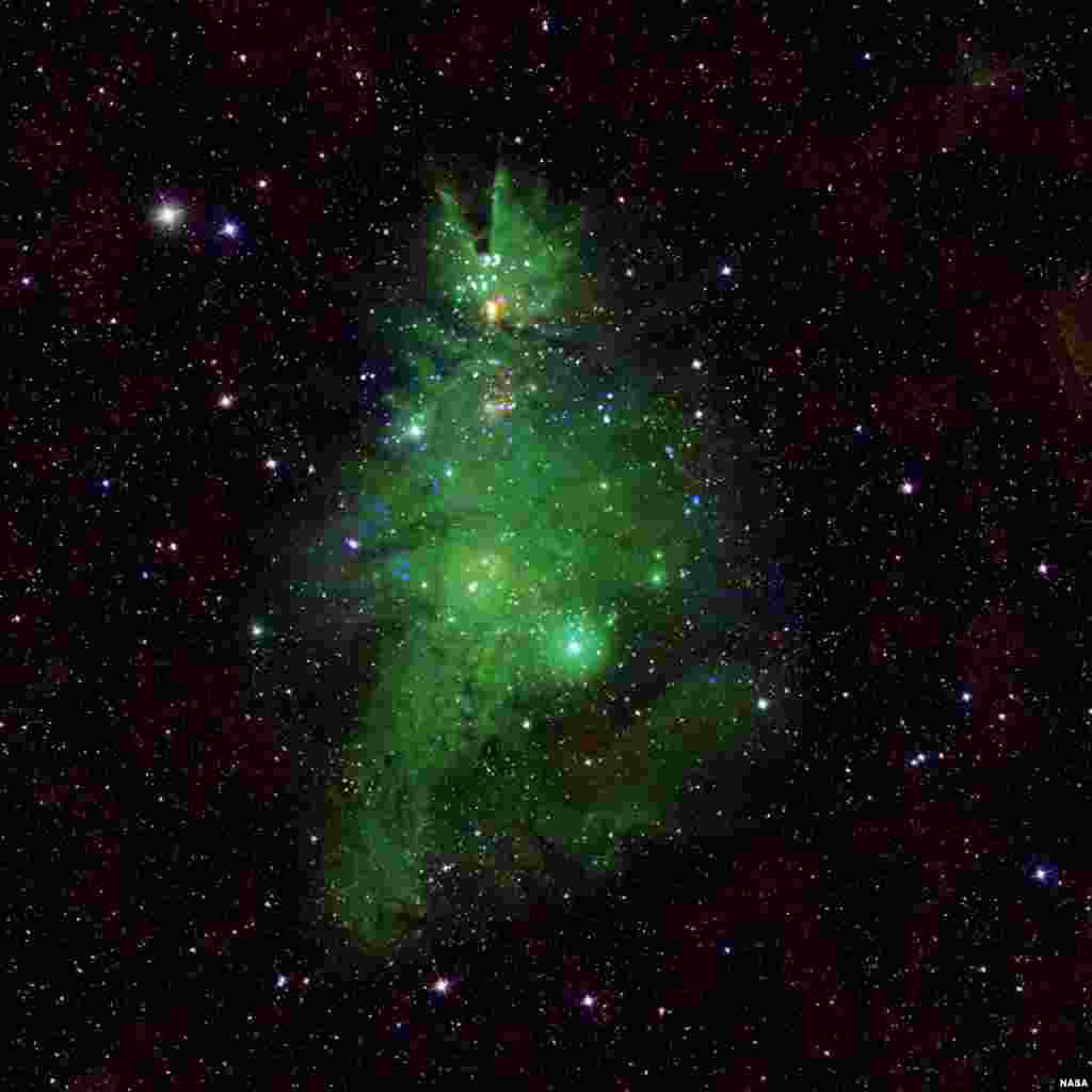 The orbiting telescope recently unwrapped the latest data from the "Christmas Tree Cluster," a bundle of shining stars about 2,500 light-years from Earth. The blue-and-white lights are young stars, seen with Chandra's X-ray vision, which decorate the green nebula of gas that surrounds them.