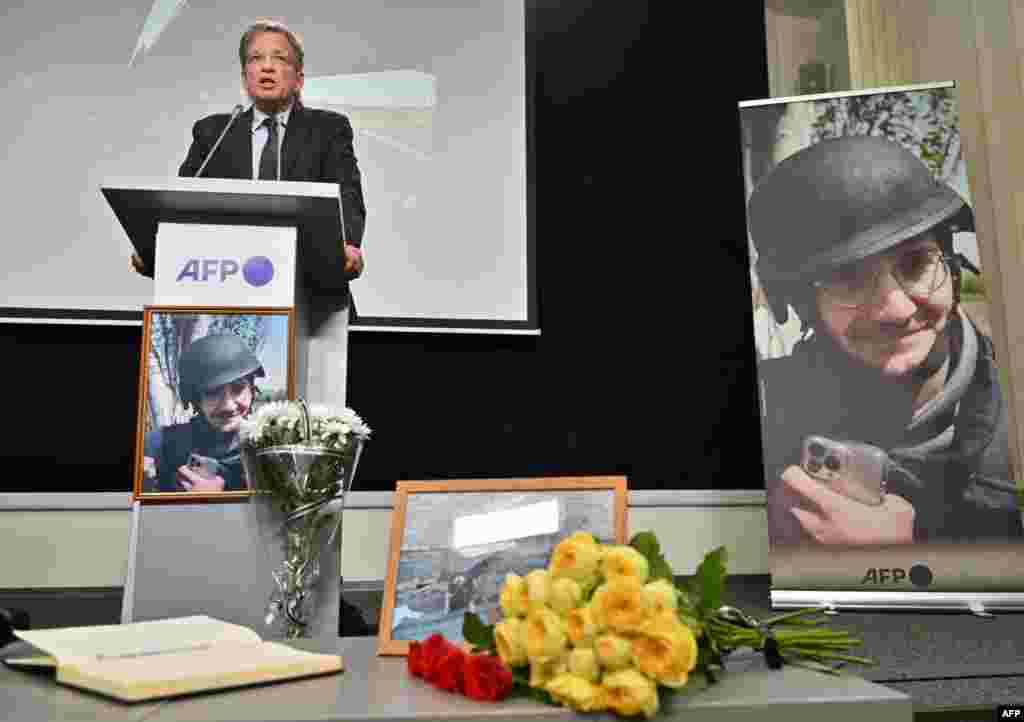 Chairman and Chief executive officer of Agence France-Presse, Fabrice Fries, speaks during commemoration ceremony of AFP journalist Arman Soldin, who was killed in the Donbas region while covering the conflict in Ukraine. Soldin, died on May 9, 2023, when an AFP team came under fire from Grad rockets while they were with a group of Ukrainian soldiers near Bakhmut. 