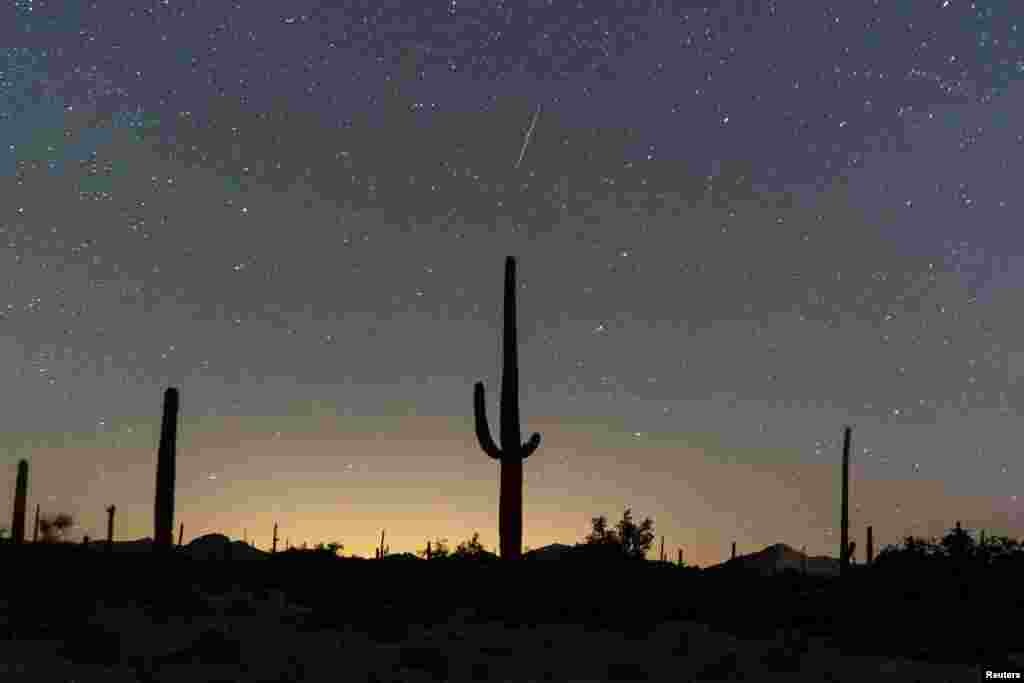 A meteor streaks in the night sky during the annual Geminids meteor shower near the U.S.-Mexico border town of Lukeville, Arizona, Dec. 14, 2023.