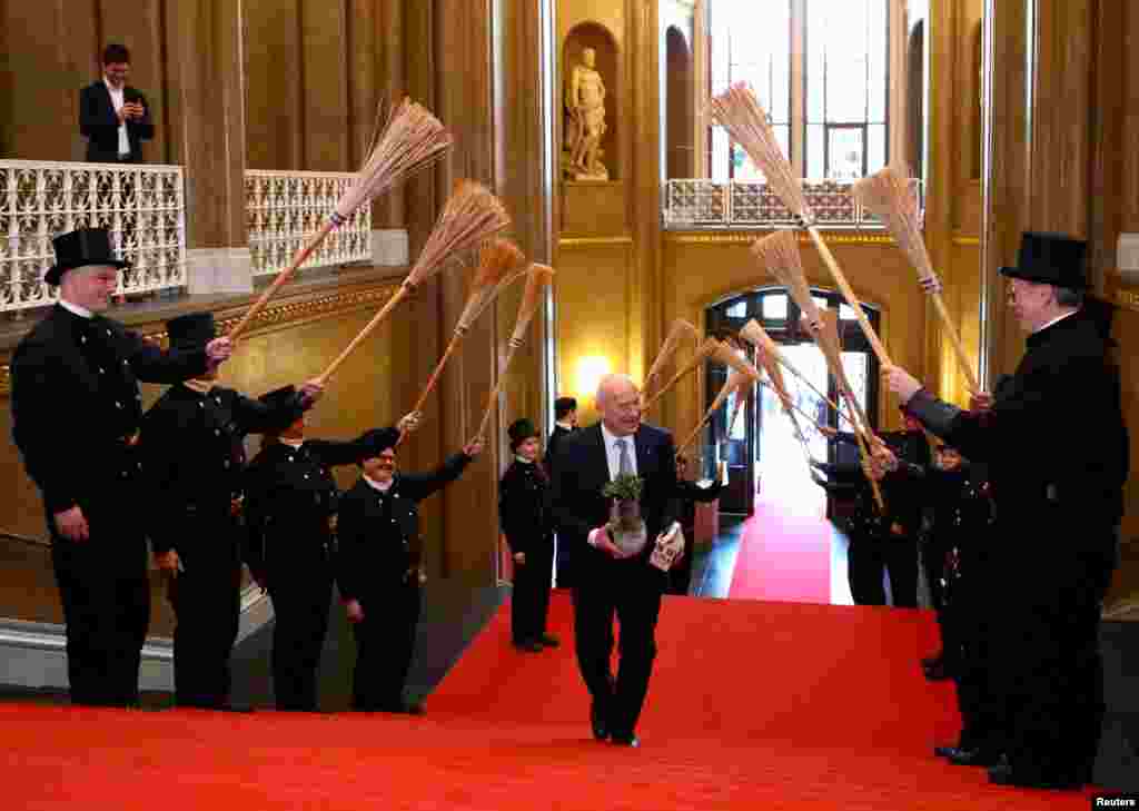 Chimney sweeps welcome newly elected Mayor of Berlin Kai Wegner at the city's town hall Rotes Rathaus (Red Townhall), in Berlin, Germany.