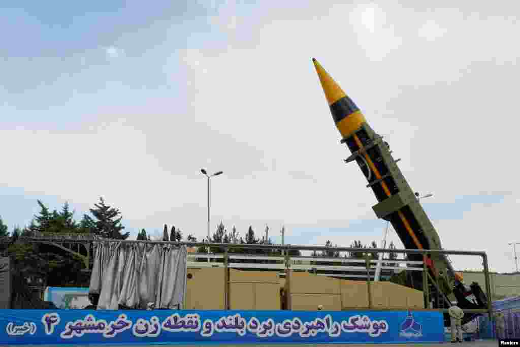 A new surface-to-surface ballistic missile called Khaibar with a range of 2,000 km, unveiled by Iran, is seen in Tehran, Iran. (WANA via Reuters)