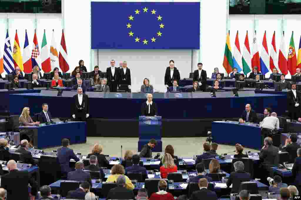 Yulia Navalnaya, widow of Kremlin opposition leader Alexei Navalny who died on Feb. 16 in a Russian prison, addresses the European Parliament in Strasbourg, eastern France. Navalny's funeral service will be held at a church in southern Moscow on March 1, 2024, allies of the politician said.