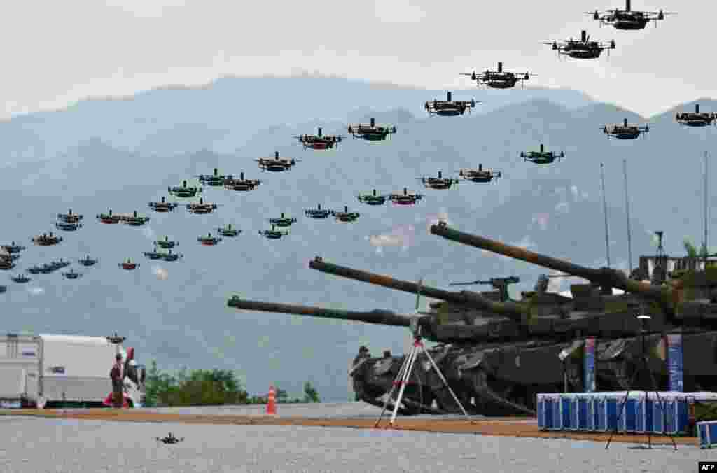 South Korea's military drones fly in formation during a South Korea-U.S. joint military drill at Seungjin Fire Training Field in Pocheon.
