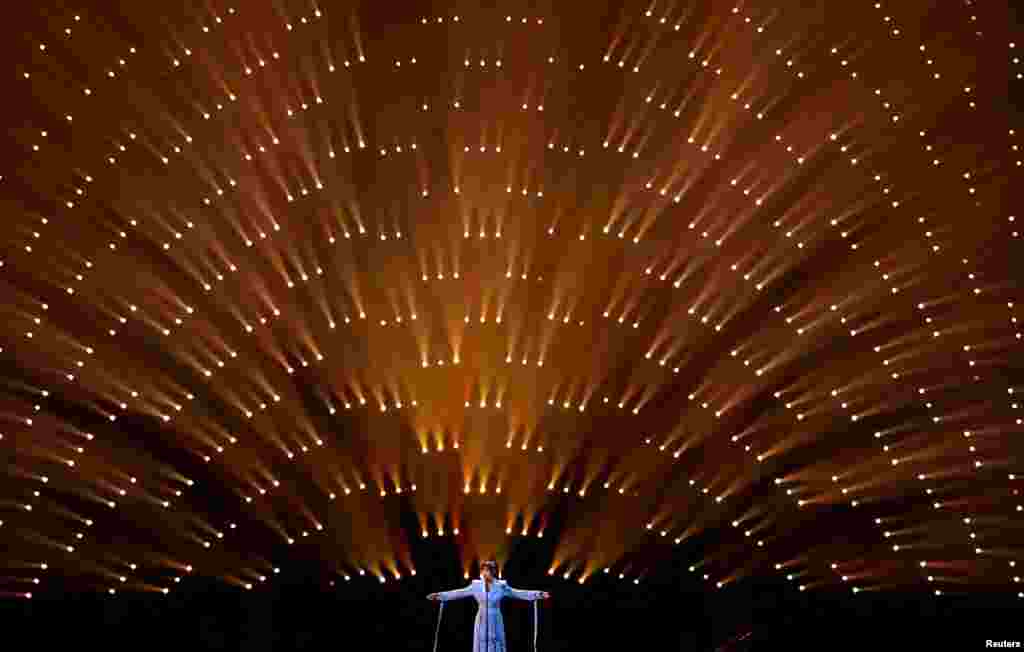 Alika from Estonia performs during a dress rehearsal ahead of the second semi-final of the 2023 Eurovision Song Contest in Liverpool, Britain.