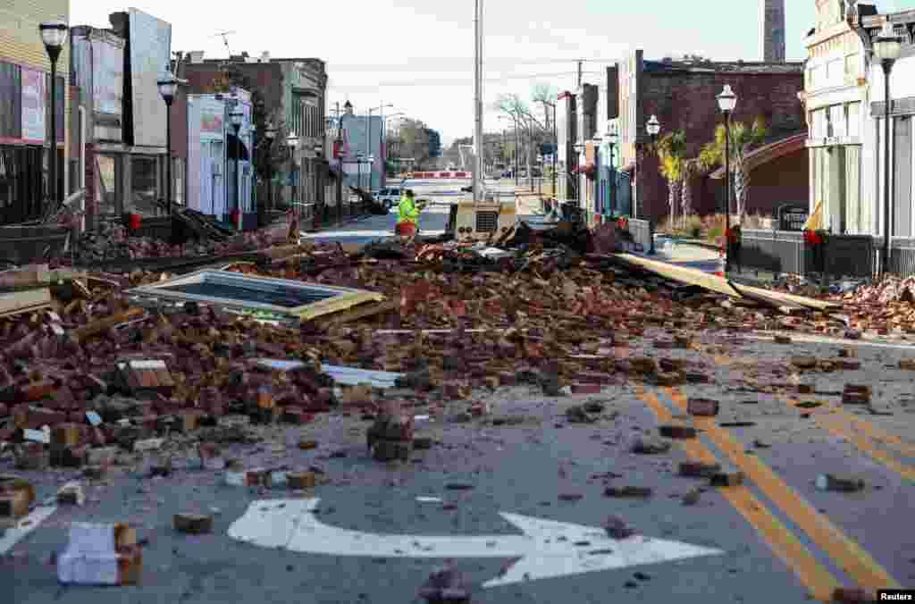 Fallen bricks line Main Highway a day after a tornado struck the town of Bamberg, South Carolina.