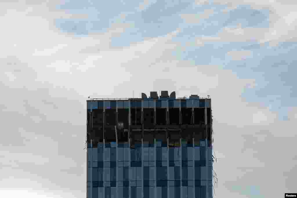 A damaged building is seen following a reported drone attack in Moscow, Russia.