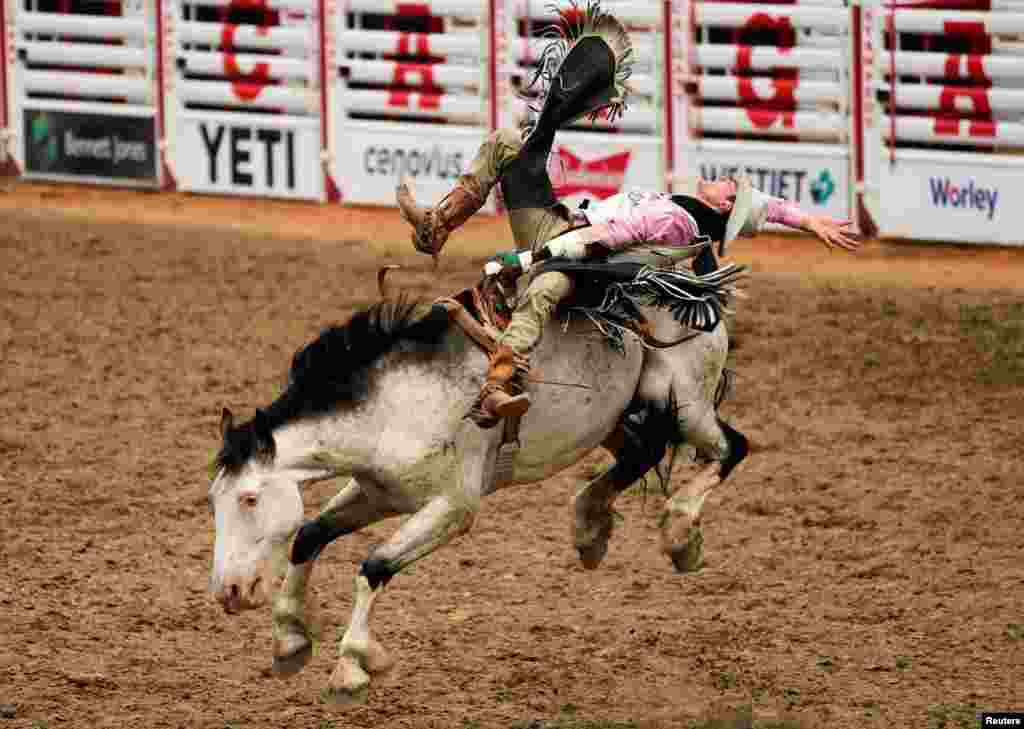 Jayco Roper of Oktaha, Oklahoma, rides the horse 'No Show Jones' in the bareback event during the Calgary Stampede rodeo in Calgary, Alberta, Canada, July 10, 2023.