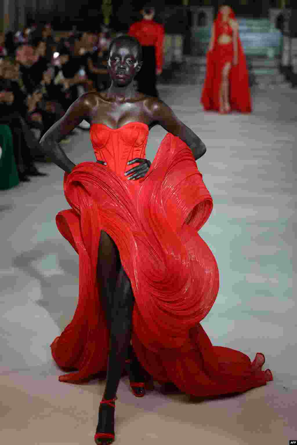A model presents a creation by Gaurav Gupta during the Women's Haute-Couture Spring/Summer 2024 Fashion Week in Paris, France.
