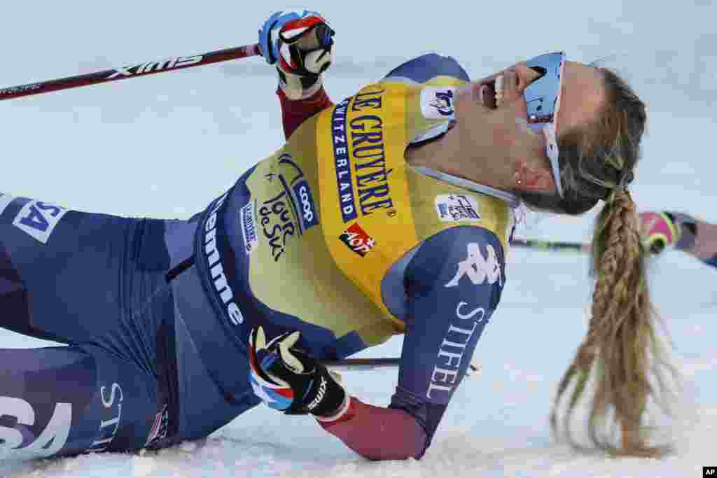 Jessie Diggins of the United States celebrates winning the cross-country ski, women's Tour de Ski overall standings, in Val di Fiemme, Italy.