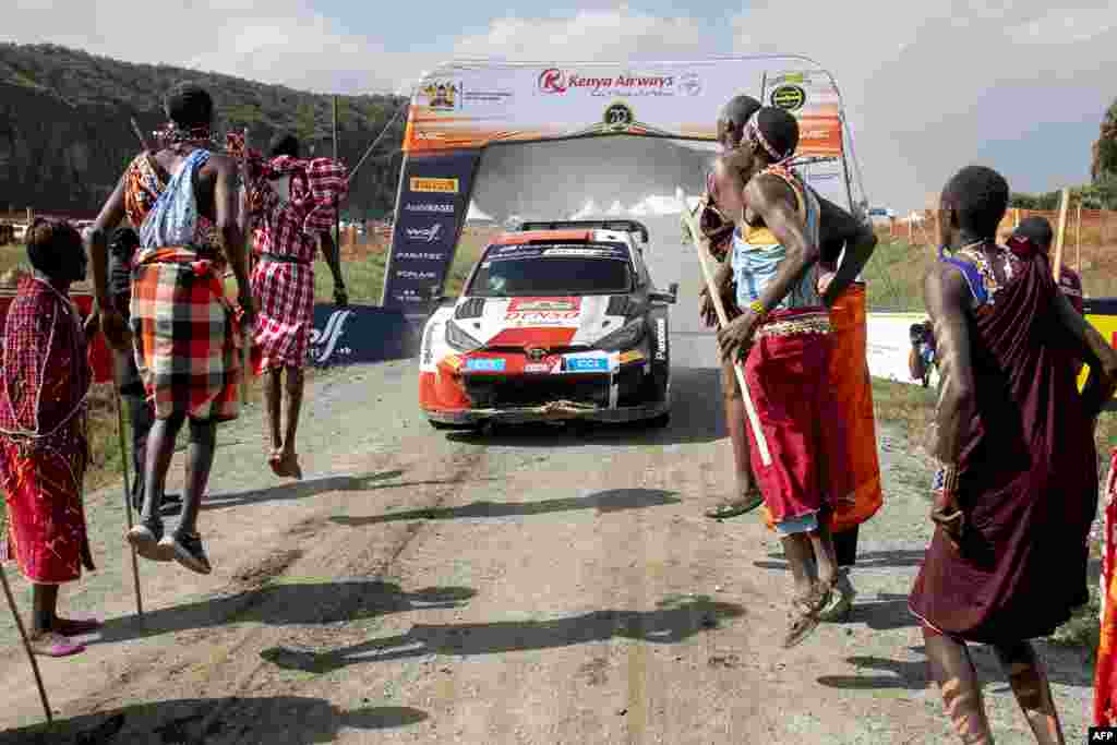 French rally team of driver Sebastian Ogier and his co-driver Vincent Landais arrive in their Toyota Gr Yaris Rally1 Hybrid to pomp at the finish line to win the WRC Safari Rally Kenya, part of the FIA World Rally Championship at the lake-side town of Naivasha.
