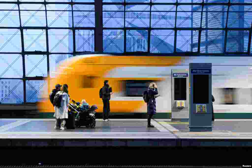 An ODEG train arrives at the main train station in Berlin during a nationwide strike called by Germany's train drivers union GDL over wage increases.