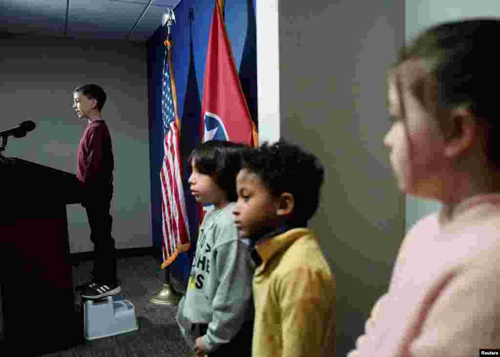 A boy speaks on gun violence and urges lawmakers to use their power to make changes ahead of the start of the 2024 legislative session in Nashville, Tennessee, Jan. 9, 2024, months after the covenant school shooting and protests rocked the state capitol.