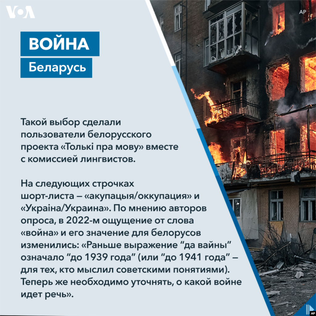 Такой выбор сделали пользователи белорусского проекта «Толькі пра мову» вместе с комиссией лингвистов. На следующих строчках шорт-листа — «акупацыя/оккупация» і «Украіна/Украина». По мнению авторов опроса, в 2022-м его ощущение от слова «война» и его значение для белорусов изменились: «Раньше выражение “да вайны” означало “до 1939 года” (или “до 1941 года” — для тех, кто мыслил советскими понятиями). Теперь же необходимо уточнять, о какой войне идет речь». 