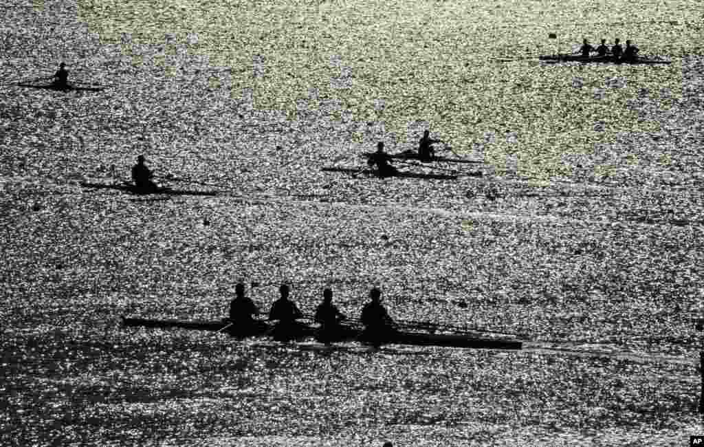 Rowers warm up prior to competition during the 2016 Summer Olympics in Rio de Janeiro, Brazil.