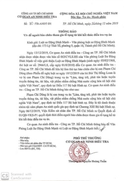 Thông báo của Cơ quan An ninh điều tra – Công an TP. Hồ Chí Minh ký ngày 16/12 về việc bào chữa cho nhà báo Phạm Chí Dũng, Photo Facebook Đặng Đình Mạnh.