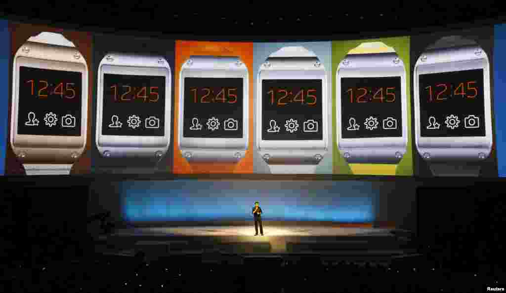 Pranav Mistry, head of the think tank team, Samsung Research America presents the Samsung Galaxy Gear smartwatch during its launch at the 'Samsung UNPACKED 2013 Episode 2' at the IFA consumer electronics fair in Berlin, Germany.