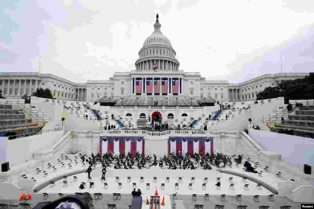 A general view of preparations prior a rehearsal for U.S. President-elect Joe Biden's Presidential Inauguration at the U.S. Capitol, in Washington, D.C.