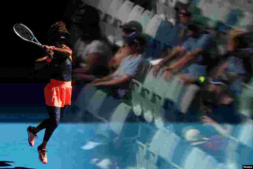 Japan's Naomi Osaka in seen in action during her third round match against Tunisia's Ons Jabeur at the Australian Open in Melbourne Park, Melbourne, Australia.