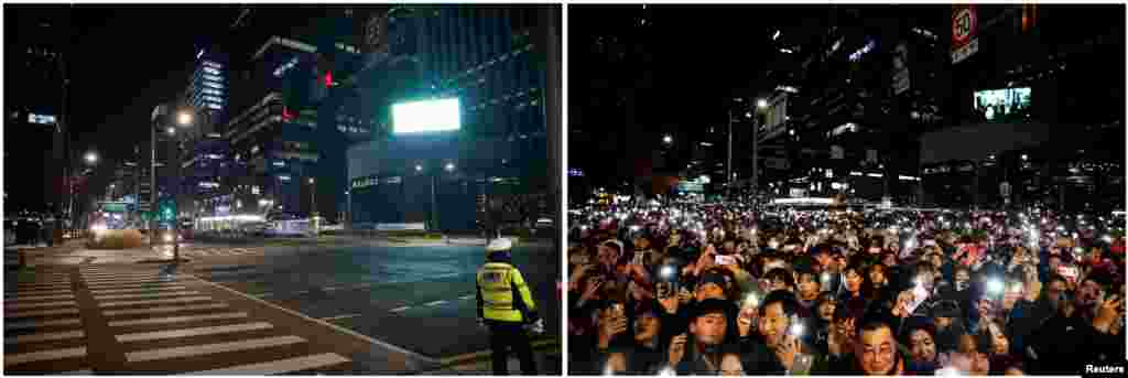 A combination photo shows people attending a ceremony to celebrate the New Year on Dec. 31, 2019 (R), and a policeman standing on a zebra crossing on New Year's Eve amid the coronavirus disease (COVID-19) pandemic, in Seoul, South Korea, Dec. 31, 2020.
